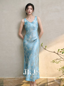JK&JS | New Chinese Style Embroidered Silk Blend Dress With Strap Elegant High Waist Long Skirt V Neck Summer Fashion JKJS