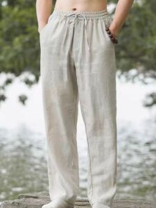 Mens Summer Casual Loose Straight Leg Cotton Linen Pants Thin Draping Long Trousers Breathable Comfortable Straight Cut Jeans