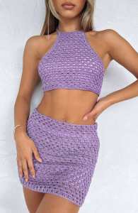 Summer 2023 Womens Knitted Halter Backless Vest And Skirt Set Fashionable Neck Hanging Design Polyester Material
