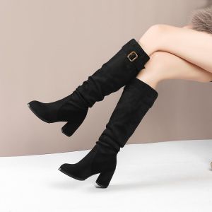 Retro Western Style Womens Boots 2025 New High Tube Elastic Faux Suede Surface Belt Buckle Fashionable Mid-Calf Boots