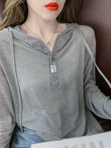 Drawstring Hooded Sun Protection Ice Silk Thin Long Sleeve T-Shirt Womens Spring Autumn Slimming Top Korean Style Commute