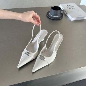 Elegant Simple Commute White High Heels Patent Leather Silver Color Womens Black Pointed Toe Sandals Spring Summer Fashion