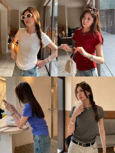 Ayi Womens Slim Fit T-Shirt Elastic Waist Short Sleeve Drawstring Design Spring Autumn Fashion Korean Style round Neck Top