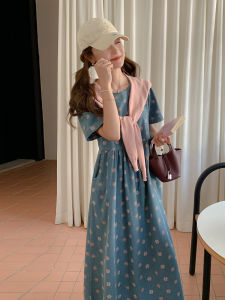 ฤดูร้อน 2024 French Vintage สไตล์ลำลอง ลายดอก ทรงเอ เดรส ผู้หญิง แขนสั้นสูง เอว พรางหุ่น เดนิม เดรส พร้อมผ้าคลุมไหล่