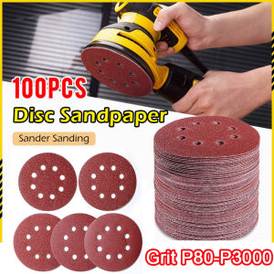 กระดาษทรายทรงกลม125มม. 100ชิ้นแผ่นที่ขัดแบบหมุนรอบกรวด P80 P3000ตะขอและห่วง8รูสำหรับแต่งไม้โลหะ