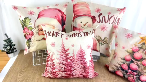 `【iloverosemerry】45x45cm Pink Christmas Throw Pillow Case Cartoon Santa Claus Tree Snowman Pattern Linen Cushion Cover Home Xmas Decor New Year Party Ornament Gift