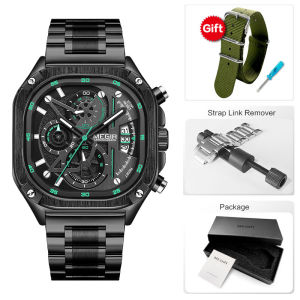 MEGIR Black Quartz Watch Men Waterproof Square Dial Wristwatch with Chronograph Stainless Steel Strap Luminous Hands Auto Date