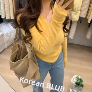 CHOEFULYN | White V-Neck Long-Sleeve Irregular Lace-Up Slim Fitting Sweater for Autumn and Winter