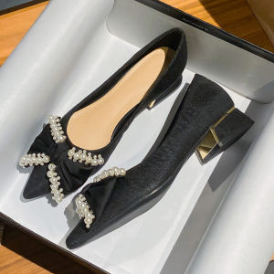 Womens Chunky Heel Shoes with Skirt French Pearl Soft Bottom Boat Shoes Small Size 32 33 34 plus Size Pumps 41-43 Autumn