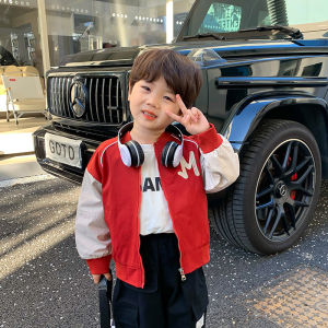 เสื้อแจ็คเก็ตเบสบอลฤดูใบไม้ผลิสำหรับเด็กชาย สีแดง ทรงบาง เสื้อผ้าเด็กชาย แฟชั่น เสื้อผ้าเด็กชาย ฤดูใบไม้ผลิและฤดูใบไม้ร่วง