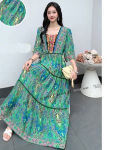 Ethnic Style Cotton Silk Floral Long Dress