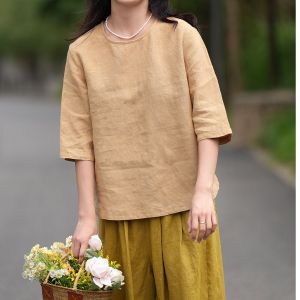 LUCKIN STORE Cotton Linen Top for Women Solid Color Short Sleeves Thin T-shirt Womens Loose Leisure Versatile Top 2025 Summer New V-neck Blouse