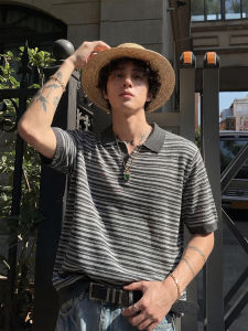 LIUBU | Gray Striped Knitted Breathable Polo Shirt for Summer