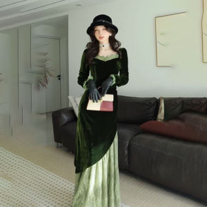 CHANGTONG | Đầm Elegance MESH và Velvet Màu Xanh Vintage Pháp cho Dịp Quan Trọng