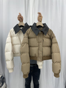 Womens Short Puffer Jacket White Duck down Thickened Korean Style Zipper Closure POLO Collar Memory Fabric Straight Cut