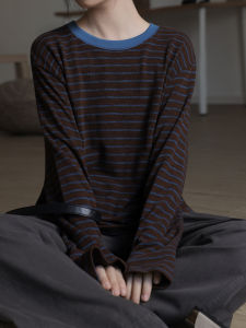 Loose Knitted Long Sleeve round Neck T-Shirt Casual Striped Color Block Womens Top Comfortable Breathable Spring Fashion