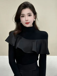 Áo Thun Dài Tay Cổ Cao Màu Đen Thời Trang Thu Đông 2025 Dành Cho Nữ Áo Sơ Mi Cổ Bẻ Xếp Nếp Màu Trơn Dáng Ôm Chất Liệu Khác