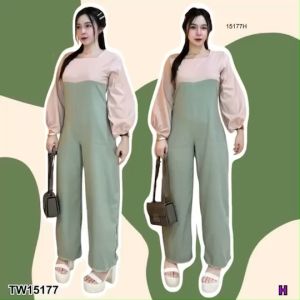 B15177 จั้มสูทขายาวแขนพองสีทูโทน Two-tone puff sleeve jumpsuit
