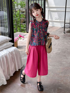 Bộ Đồ Mùa Hè Cho Bé Gái Áo Không Tay Họa Tiết Hoa Quần Ống Rộng Bộ Đồ Hai Mảnh Thời Trang Trẻ Em Phong Cách Hàn Quốc