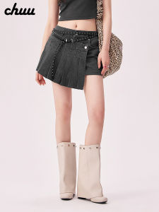Chuu Denim Mini Skirt Womens Spring Autumn New Irregular Pleated A-Line Short Skirts Commute Low Waist Korean Style