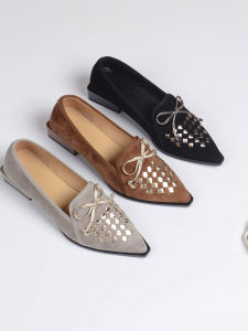 French Style Bow Detail Pointed Toe Medium Heel Suede Loafer