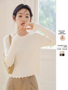 Womens Knitted Long Sleeve round Neck Base Shirt Spring Autumn Winter Inner Wear Short Top Matching Sweater Korean Style Slim Fit