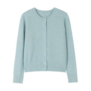 Soft Knitted Cardigan Long Sleeve Womens Blue Shirt Spring Season Slimming Quality Fashionable Commute Style round Neck Single Button