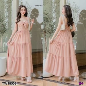 18552 เดรสยาว ด้านหน้าผูกโบว์ตรงอกได้ แขนใส่ห่วงปรับเลื่อนสายได้ กระโปรงแต่งระบาย