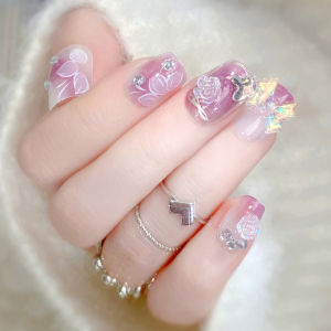 [Ready Stock]24pcs Fake Nails Purple short-armor Gradient Nail Art With Glue