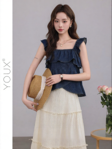 YOUXIANG | Áo Jean Tay Ruffle Bay Toc