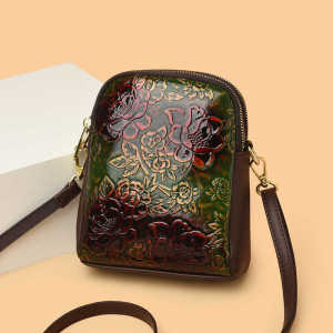 Spring 2025 New Fashion Double Layer Leather Phone Bag Womens Vertical Single Shoulder Mini Crossbody Small Bag Floral Vintage