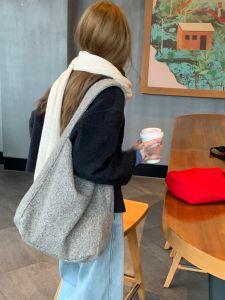 Korean Style Large Capacity Woolen Material Shoulder Bag Leisure Tote Bag Blogger Gray Tone Winter Fashion Universal Maternite