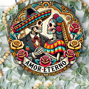 Dia De Los Muertos Aluminum Wall Decor - Mexican Day of the Dead Wedding Art with Skeleton Couple Vintage Gothic Romanticism