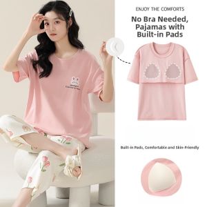 Miiow | Pure Cotton Summer Sleepwear Womens Short Sleeve Seven-Piece Pants Home Clothes Set Soft Breathable With Chest Pad Casual Style