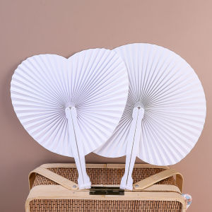 Feelife White Folding Fan Heart Shape Circular Blank Paper Hand Fans Outdoor Gatherings Party Birthday Wedding Decor Handmade Gifts