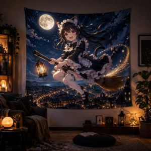 VIKAMA Cat Maid Anime Moon Galaxy Blacklight Tapestry Neon Wall Hanging Kawaii Gaming Bedroom Dorm Decor