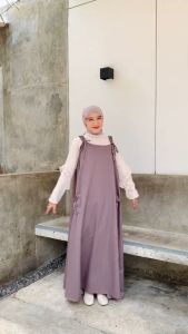 Tsabine - Keiko Overall Gamis Wanita Kekinian Baju Kodok Bahan Katun Toyobo Polos Serut Pundak Saku Kerut Korean Style (Overall Only)