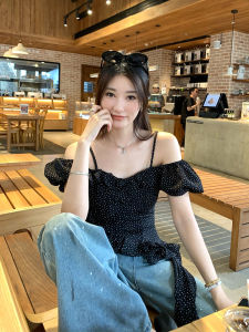 Summer New Design Off-Shoulder Strap Vest Womens Waist-Cinching Slimming Polka Dot Sash Top Korean Style Commute Wind
