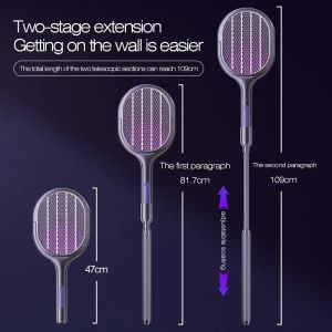 Telescopic Electric Mosquito Swatter & UV Trap Lamp Extendable 109cm Safe Physical Killer Rechargeable Wall Mount No Gap