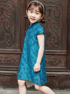 Blue Summer Thin Childrens Cheongsam Dress Baby Girls Hanfu Costume Traditional Chinese Childrens Clothing Syro Brand