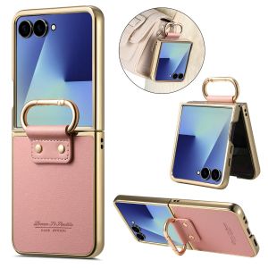 szhaiyu | Luxury PU Leather Electroplated Ring Holder Phone Case for Samsung Galaxy Z Flip 8 7 6 5 4 5G Flip7 FE Flip8 Shockproof Cover