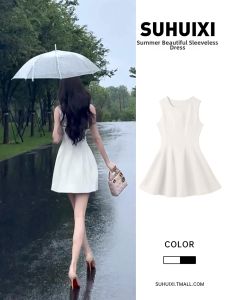 SUHUIQIAN | Sleeveless Waist-Cinching White Summer Dress Mini Pure and Innocent