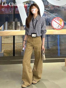 Khaki Color High Waist Loose Casual Wide Leg Jeans Womens Straight Cut Knife Edge Denim Pants Autumn New Style La Chapelle