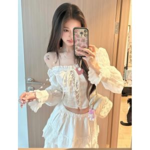 Áo Sơ Mi Nữ Dáng Ôm Vai Buộc Dây Màu Trắng Ngắn Hở Vai Xuân Thu Thiết Kế Mới Thời Trang Công Sở Phong Cách Hàn Quốc Dài Tay