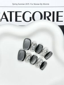 Silver Black Cat Eye Diamond Embedded Flash Short High-End Wearing Nail Art Pure Handmade White Enhancing Cold Color Series