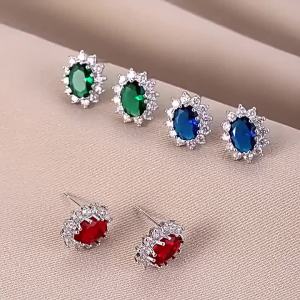 Oval Royal Blue Red Green Stone Flower Stud Earrings For Women Silver Color Luxury Zircon Small Ear Studs Daily Party Jewelry