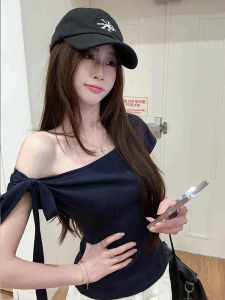 Slim Fit Short Sleeve T-Shirt Womens Summer Design Sense Tie Dye Shoulder Top Butterfly Knot Commute Style Polyester Fabric