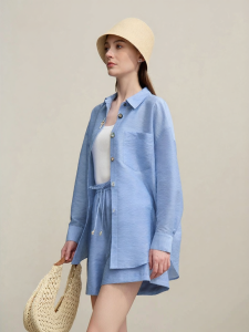 AMII | Summer Vacation Style Shell Button Flip Collar Drop Shoulder Oversized Casual Shirt