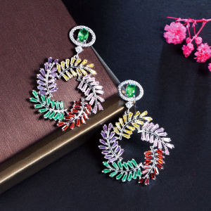 SEQUITO French Fashion Design Pave Purple Green Red AAA CZ Crystal Stone Silver Plated Cluster Leaves Dangle Round Drop Earring for Lady Clothing Accessories SE639