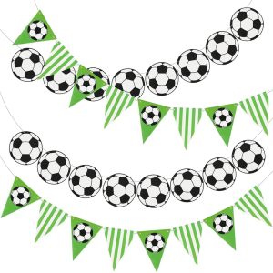 1Set Soccer Themed Party Banner Green White Black Football Pattern Paper Garland Bunting for Sport Game Day Birthday Party Decor